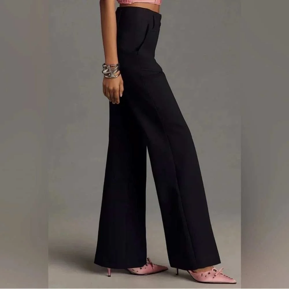 Maeve Anthropologie The Naomi Wide Leg Flare Pants Black Linen Blend 12P Petite